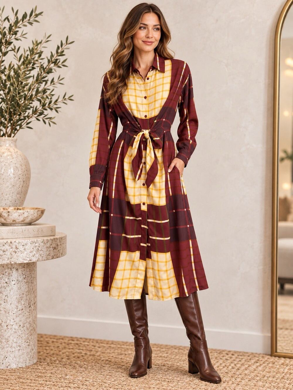 Staud Scout Plaid Front Tie Midi Dress Size XS
